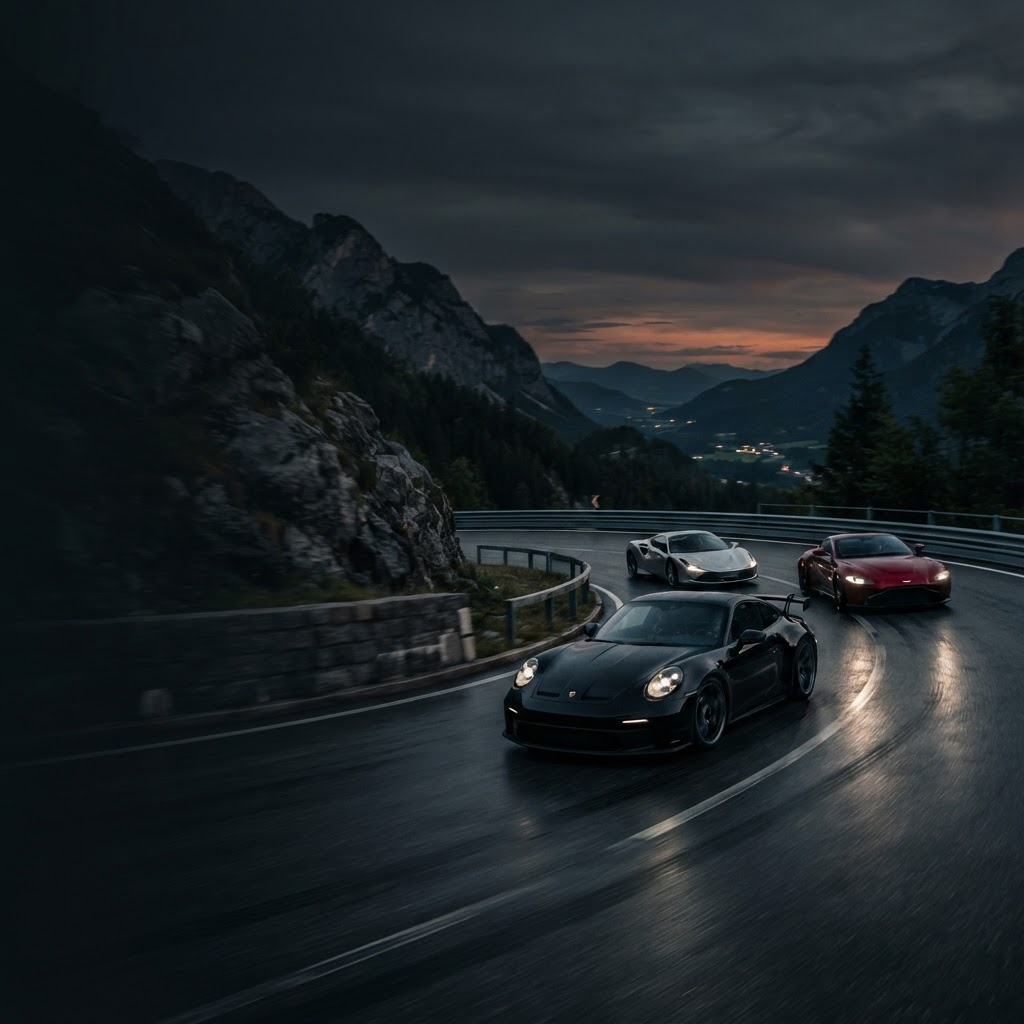 Luxury sports cars racing on a mountain circuit at dusk